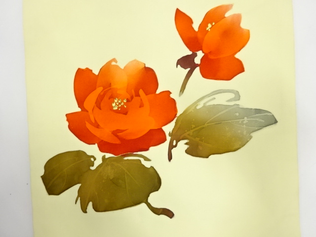  アンティーク　塩瀬　手描き　薔薇模様名古屋帯